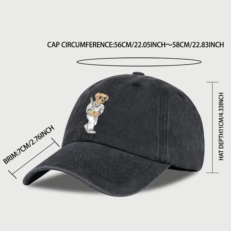 Classic Baseball Bear Print Washed Baseball Cap