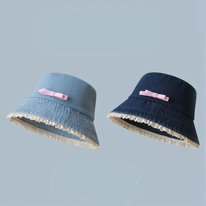 Casual Big Brimmed Denim Bucket Hat Y2K Sunscreen Lace Fisherman Hat