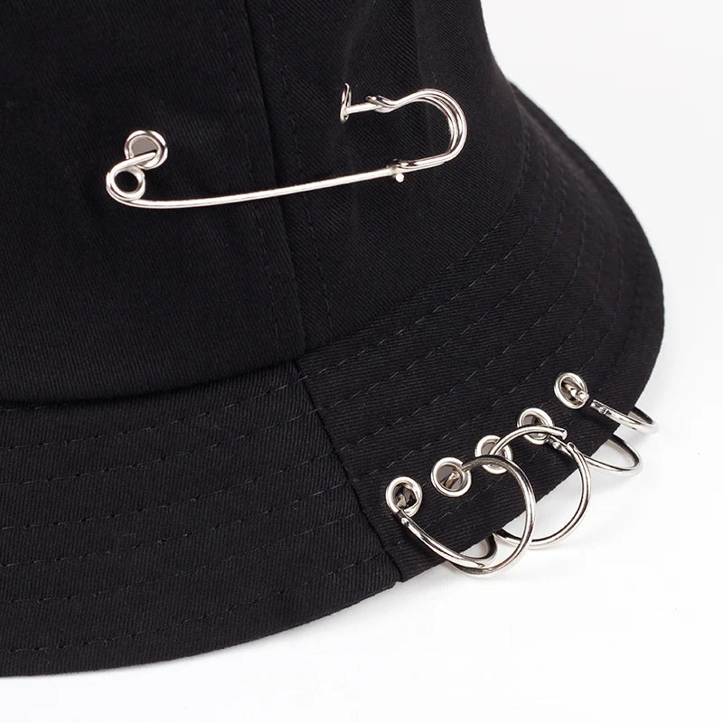 Solid Color Iron Pin Rings Personality Bucket Hat