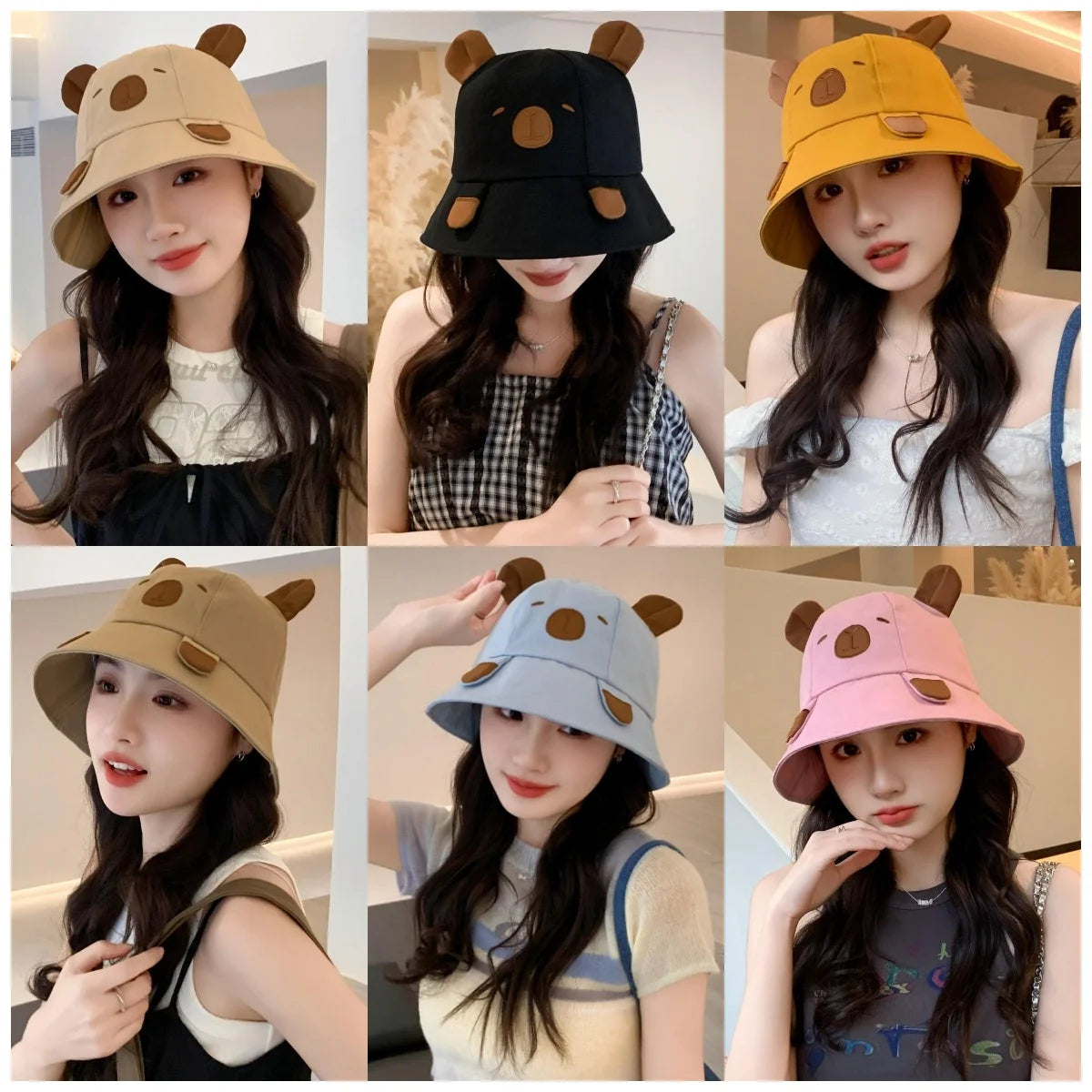 Spring Summer Bucket Hat For Women Men Cute Dog Ear Bear Nose Cartoon