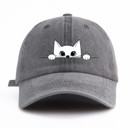 Cute Peeking White Cat Washed Baseball Cap