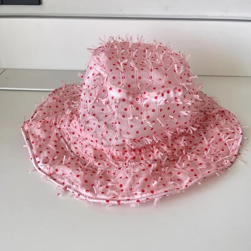 Niche Pink Polka Dot Mesh Bucket Hat