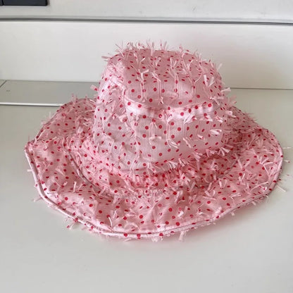 Niche Pink Polka Dot Mesh Bucket Hat
