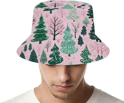 Bucket Hat  Pink Green Xmas Tree Bucket Hats Christmas Forest Trees
