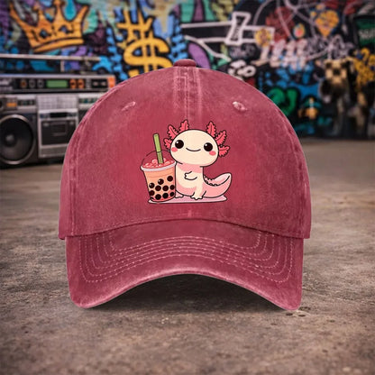 Cute Axolotl Bubble Tea Vintage Washed Baseball Cap