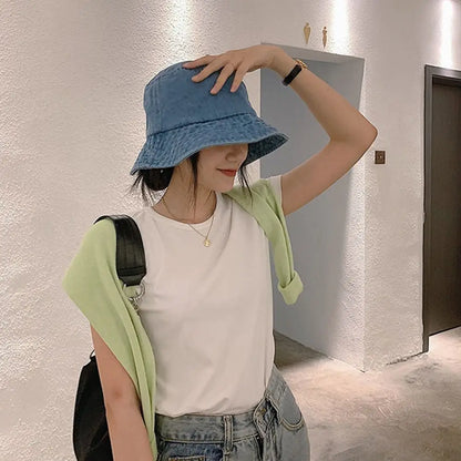 Unisex Cotton Bucket Hats Women Summer Sunscreen Panama Hat Men Denim