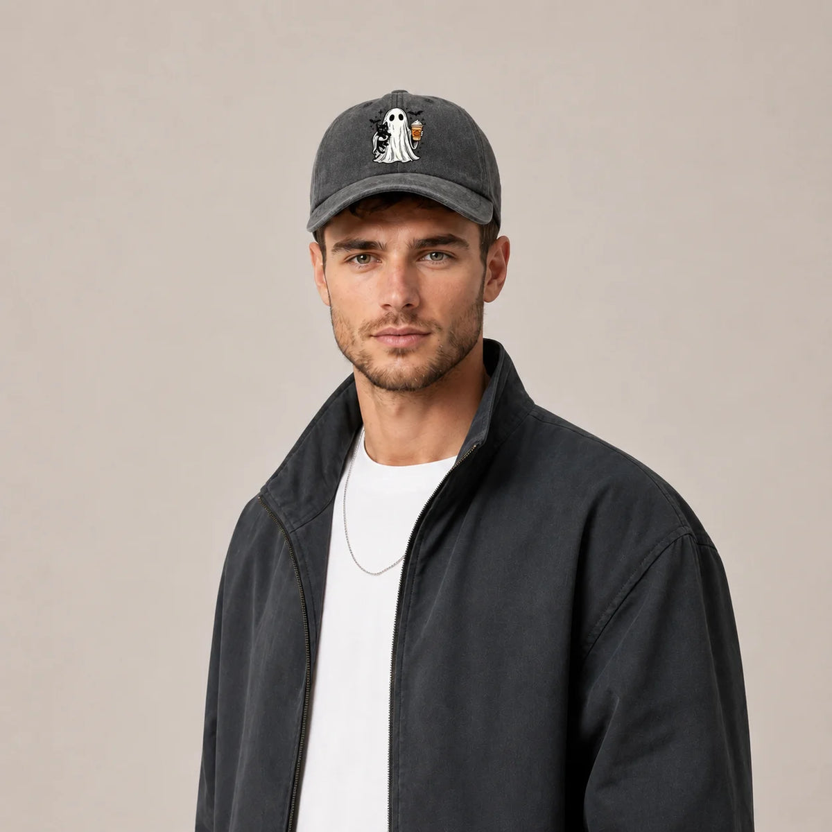 Vintage Washed Ghost Black Cat Coffee Graphic Baseball Cap