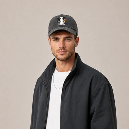 Vintage Washed Ghost Black Cat Coffee Graphic Baseball Cap