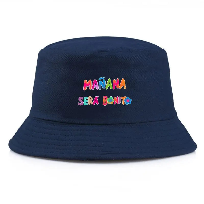 Black Bucket Hat With Wide Brim Rainbow Gradient 'MANANA SERA BONITO' Print