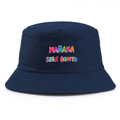 Black Bucket Hat With Wide Brim Rainbow Gradient 'MANANA SERA BONITO' Print
