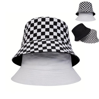 Black And White Grid Bucket Hat Wearable Fisherman Hat Travel Hat For Men Women