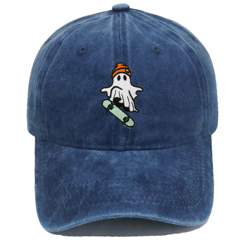 Vintage Washed Cool Skateboarding Ghost Embroidery Baseball Cap