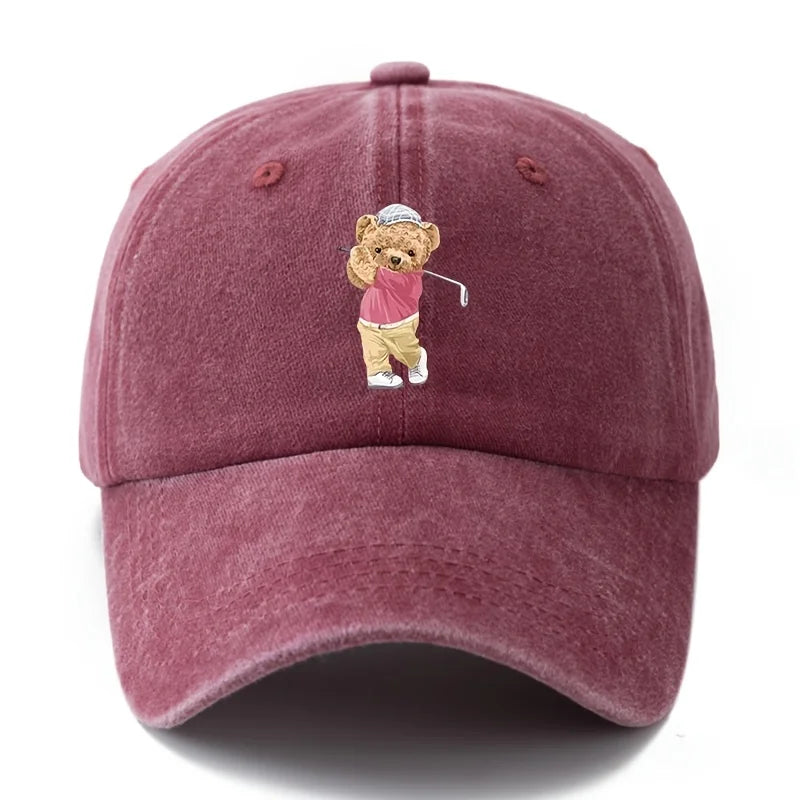 Playful Bear Print Vintage-Washed Cotton Baseball Hat