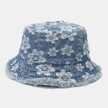 Spring Denim Cartoon Flower Embroidery Bucket Hat