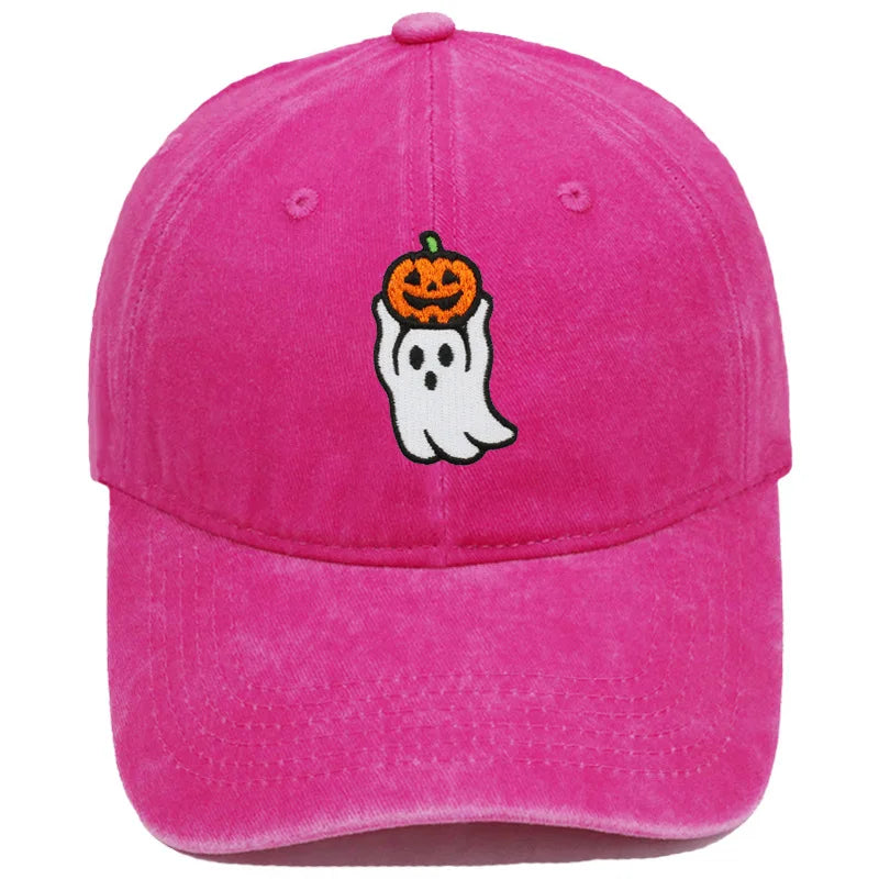 Vintage Washed Cute Ghost Holding Pumpkin Embroidery Baseball Cap