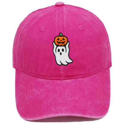 Vintage Washed Cute Ghost Holding Pumpkin Embroidery Baseball Cap