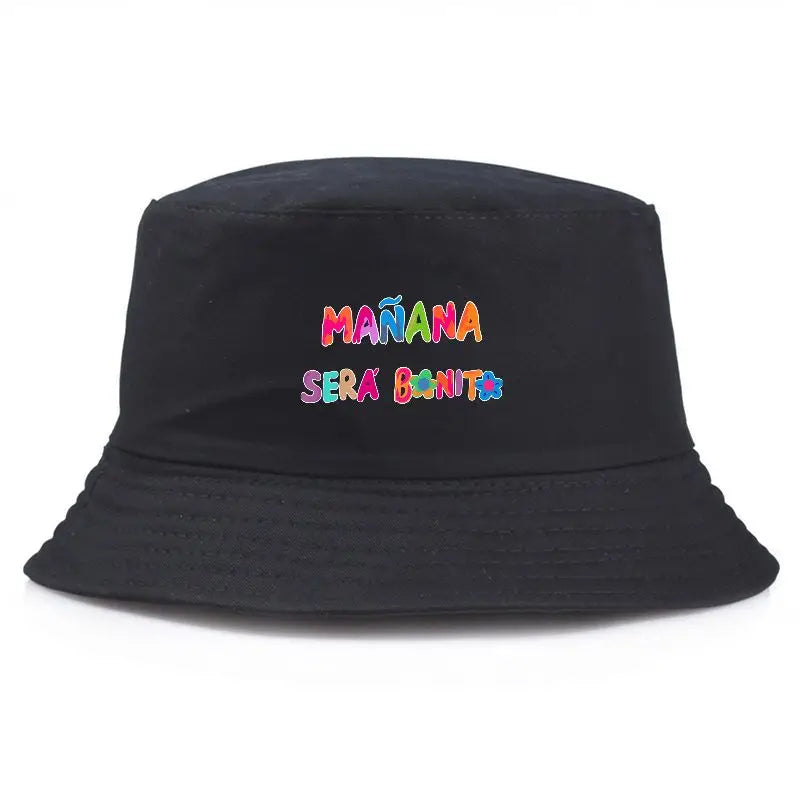 Black Bucket Hat With Wide Brim Rainbow Gradient 'MANANA SERA BONITO' Print