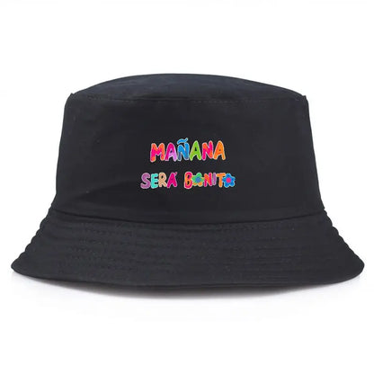 Black Bucket Hat With Wide Brim Rainbow Gradient 'MANANA SERA BONITO' Print