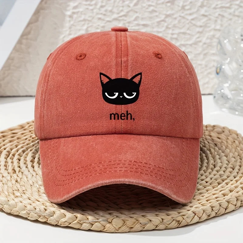 Cartoon Black Cat Print Vintage Washed Baseball Cap