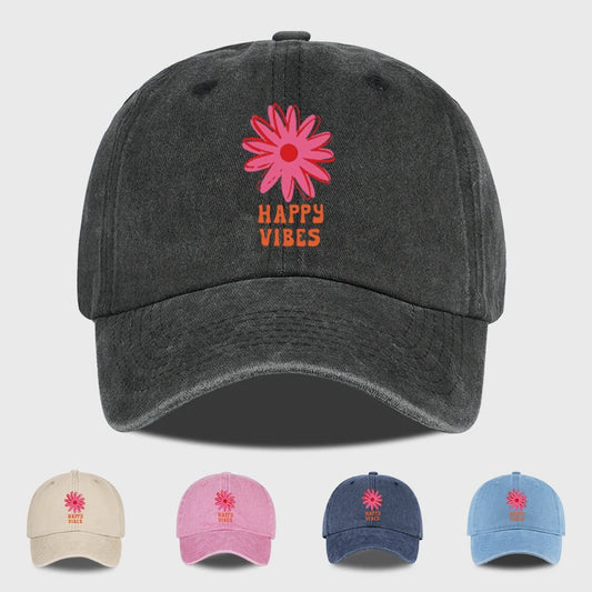 Happy Vibes Floral Print Washed Baseball Cap