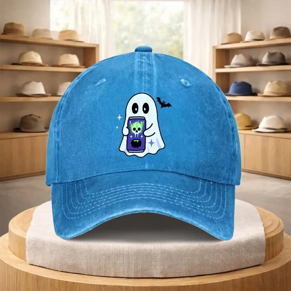 Ghost Holding Phone Print Washed Denim Baseball Cap