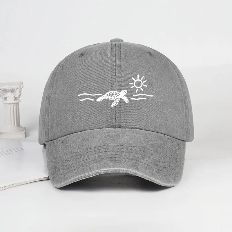Vintage Washed Baseball Cap With Turtle