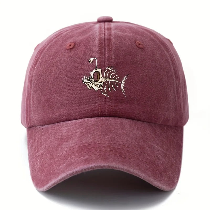 Fishbone Printed Baseball Cap Classic Retro Curved Brim
