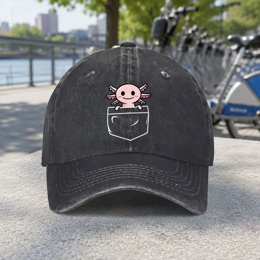 Unisex Pocket Axolotl Print Washed Baseball Cap