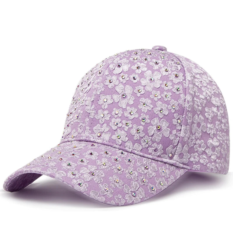 CNTANG Summer Women Rhinestone Baseball Cap Flower Embroidery Hats