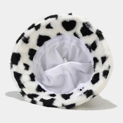 Winter Heart Print Faux Fur Fluffy Bucket Hat Women Outdoor Warm Hats