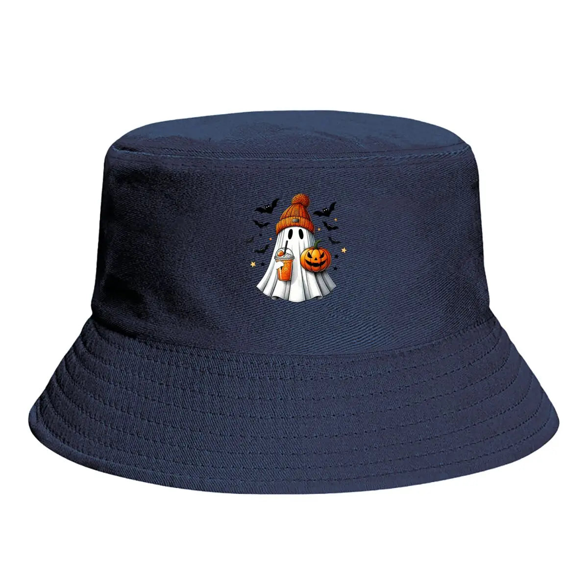 Cute Halloween Ghost With Knitted Beanie Pumpkin And Bubble Tea Bucket Hat