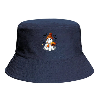 Cute Halloween Ghost With Knitted Beanie Pumpkin And Bubble Tea Bucket Hat