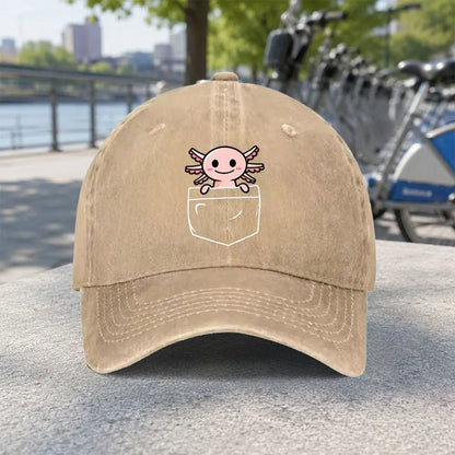 Unisex Pocket Axolotl Print Washed Baseball Cap