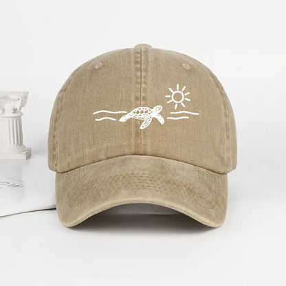 Vintage Washed Baseball Cap With Turtle