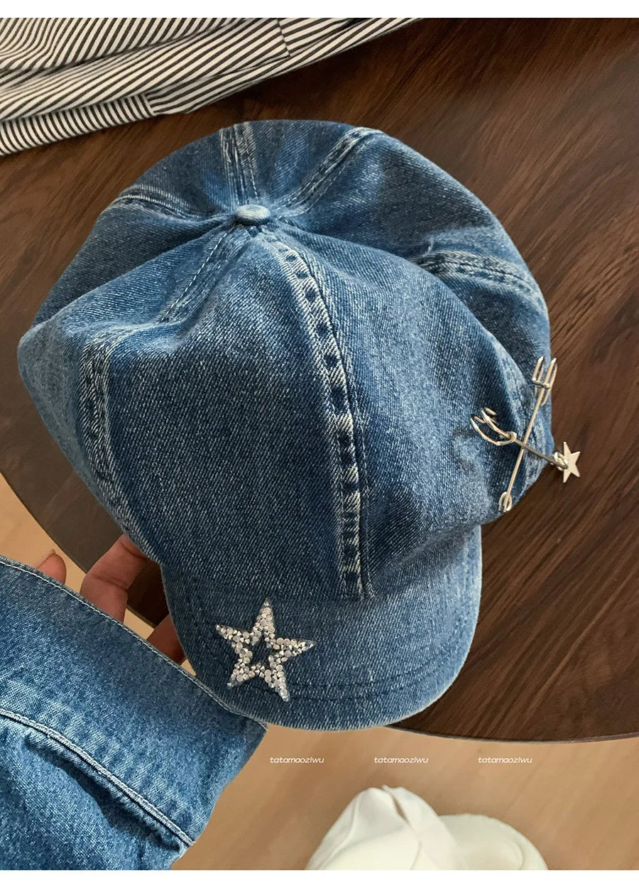 Spring and Summer Big Head Flash Diamond Star Pin Denim Beret Hat