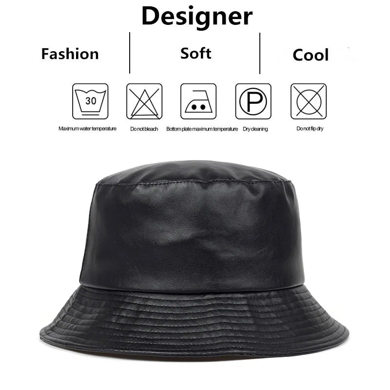 Unisex Solid Color Label Personality Pu Leather Bucket Hats Fishermen Caps