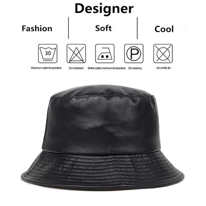 Unisex Solid Color Label Personality Pu Leather Bucket Hats Fishermen Caps