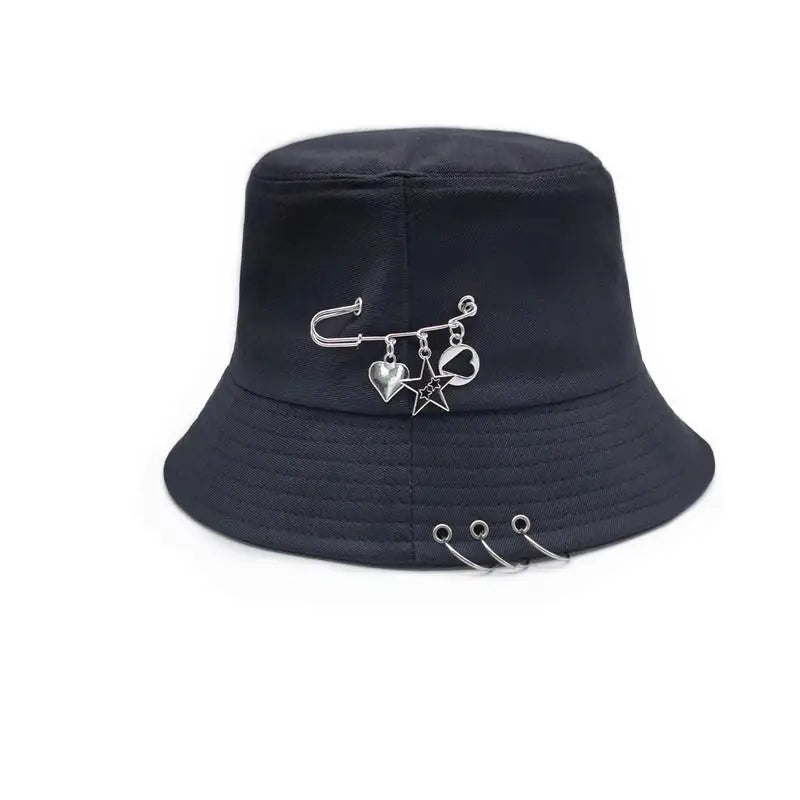 Bucket Hat Women Men Unisex Folding Fisherman Hat Black Metal Ring Flat Top Hip Hop Hats