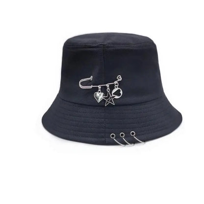 Bucket Hat Women Men Unisex Folding Fisherman Hat Black Metal Ring Flat Top Hip Hop Hats