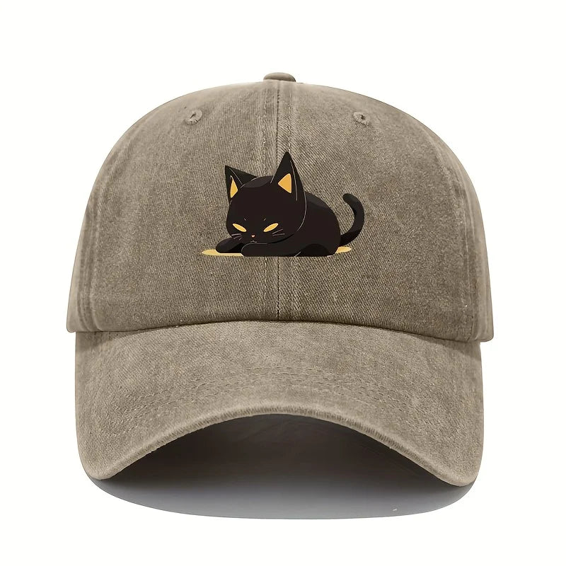 Retro Style Black Cat Printed Baseball Cap With Adjustable Sun Protection