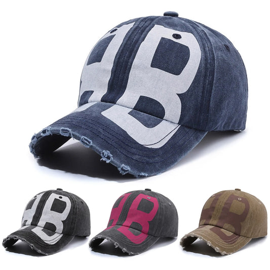 New Unisex BB Letter Printed Distressed Washed Hole Baseball Cap