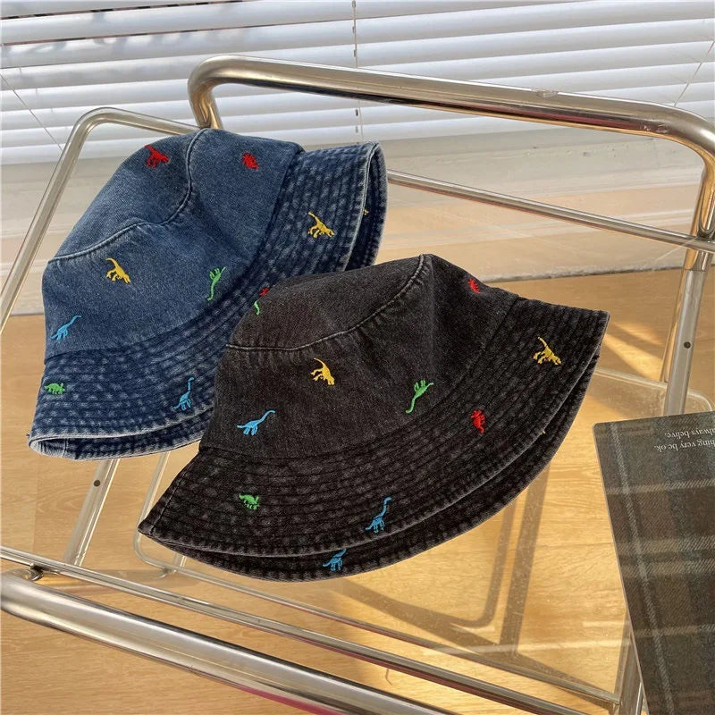 New Denim Summer Bucket Hat For Women Embroidery Cute Cartoon Dinosaur
