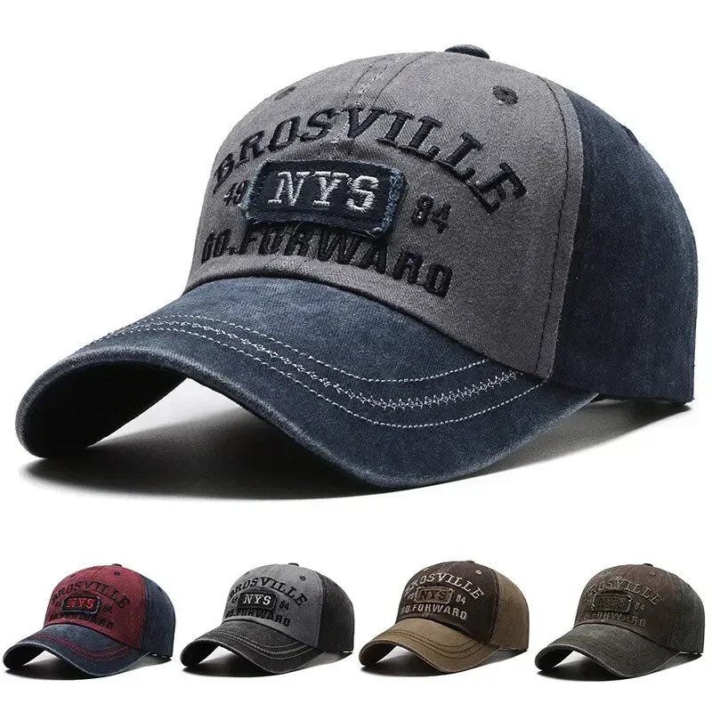 Four Seasons Men Baseball Cap Casual Distressed Cotton Letter Embroidered Cap Bent Brim Dome