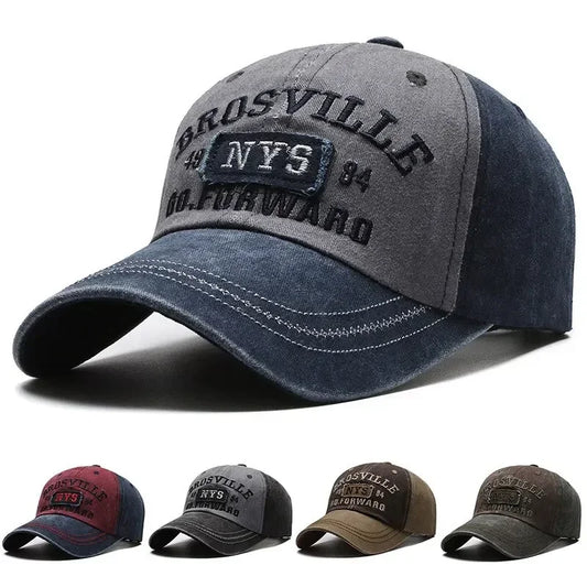 Four Seasons Men Baseball Cap Casual Distressed Cotton Letter Embroidered Cap Bent Brim Dome