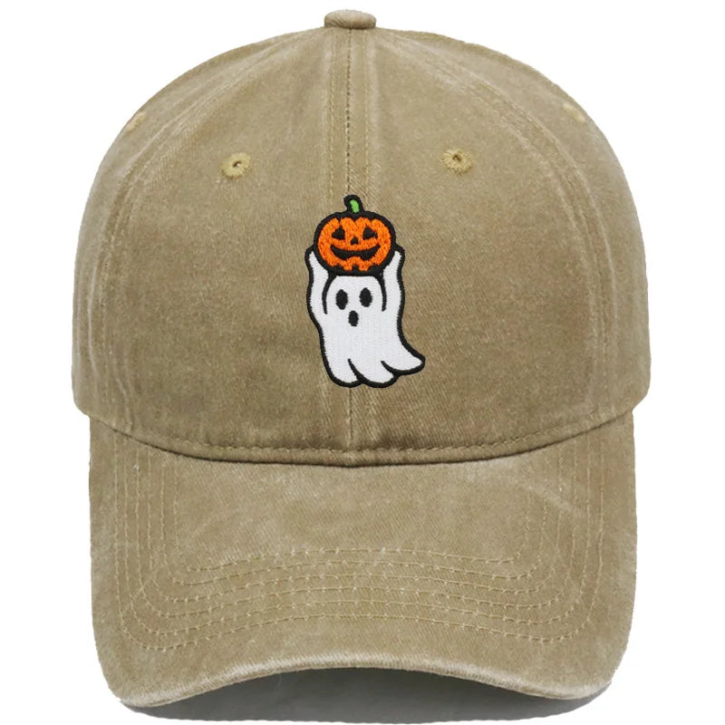 Vintage Washed Cute Ghost Holding Pumpkin Embroidery Baseball Cap