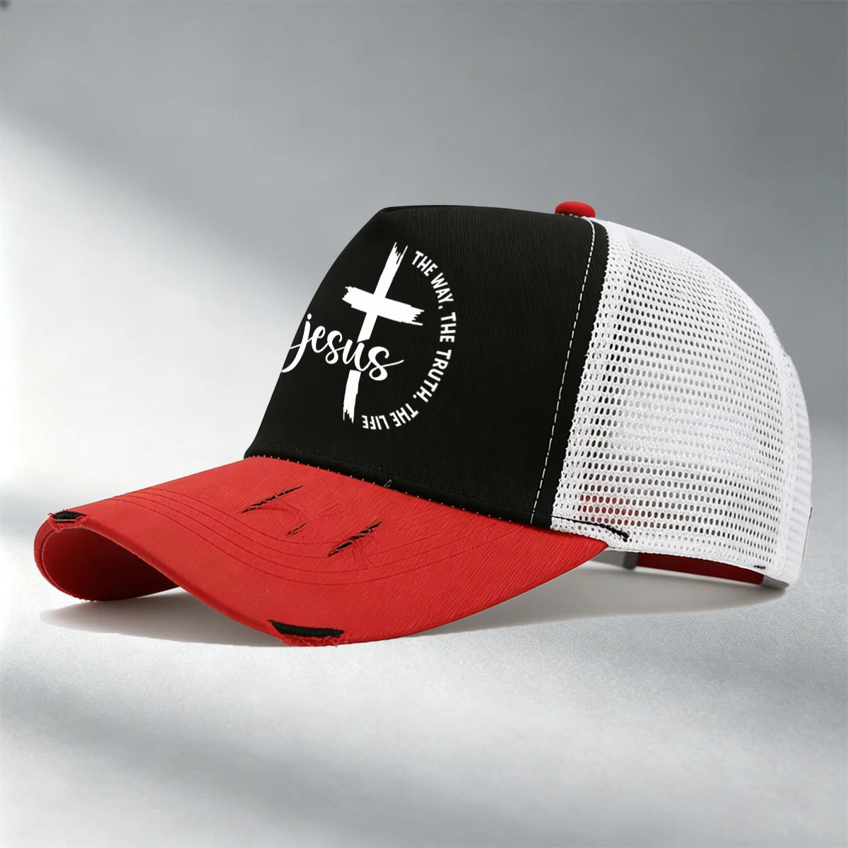 Christian Jesus Cross Print Color Block Mesh Baseball Cap