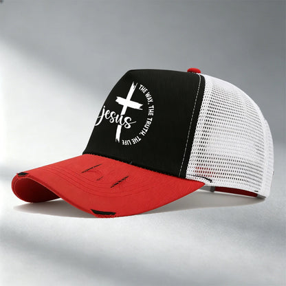 Christian Jesus Cross Print Color Block Mesh Baseball Cap