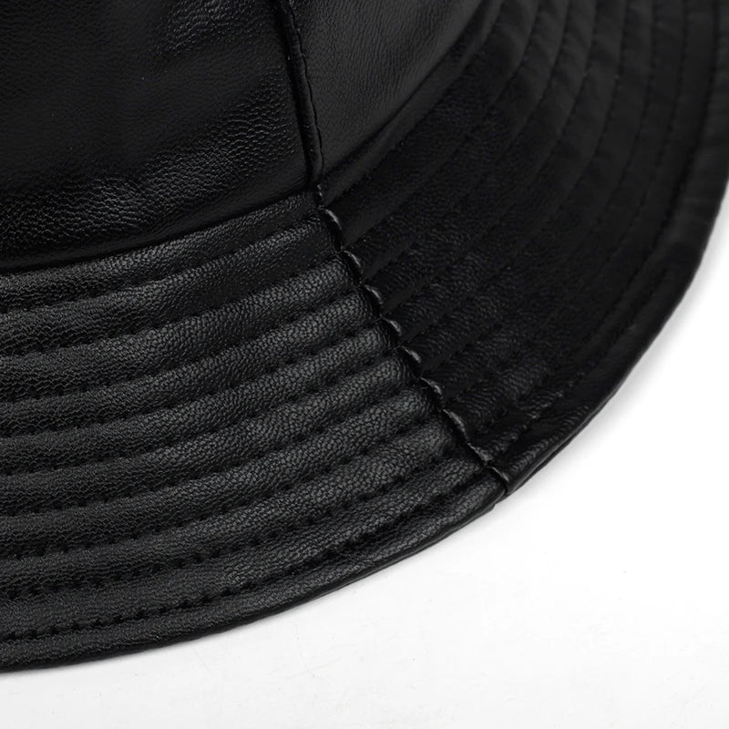 Bucket Hat Faux Leather Bucket Hats PU Leather Solid Top Men's And Women's
