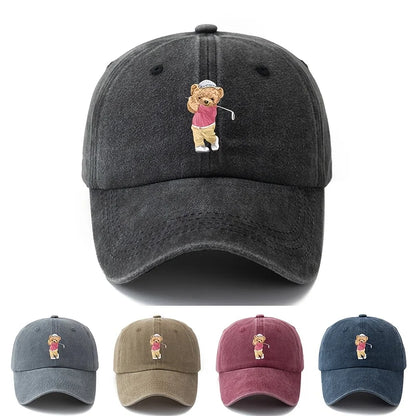 Playful Bear Print Vintage-Washed Cotton Baseball Hat