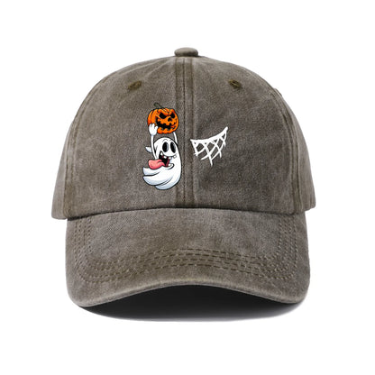 Vintage Washed Ghost Pumpkin Spider Web Graphic Baseball Cap